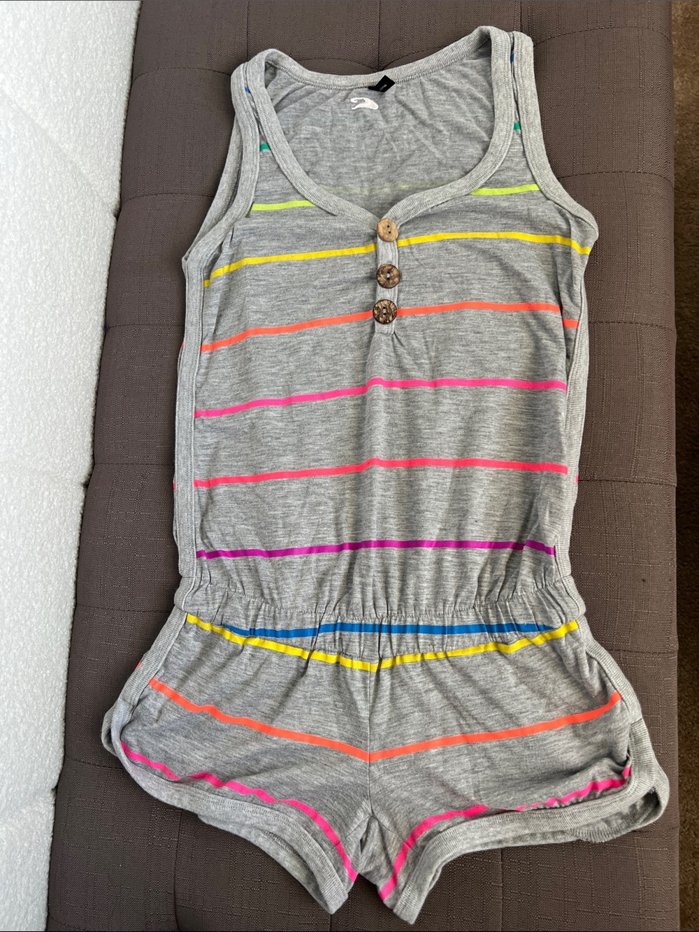 Gray Stripe Sleeveless Romper w/ Rainbow Neon Stripes & Pockets ~ XS